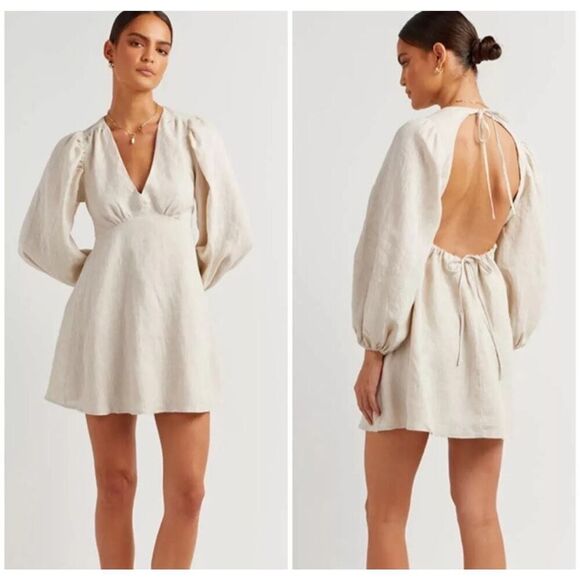 NWT DISSH Rosa WHITE Linen Mini Dress Size 8 Puff sleeves Open back - Picture 7 of 7
